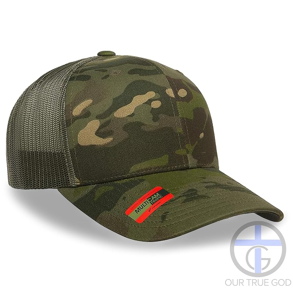 Cross Leather Patch Camo Trucker Hat - Adjustable Snapback